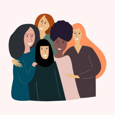 Bir grup mutlu güzel kız. Öğrenciler, liseli kızlar, iş arkadaşları. Kadın arkadaşlığı, arkadaş canlısı takım. Düz vektör çizimi. Arkadaşlık kavramı