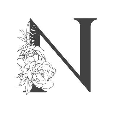Vektör çiçek alfabesi. Çiçek tasarımı, N. düğün davetiyeleri, kartvizitler, çiçekçilerin kartvizitleri. Bir çizgi biçiminde büyük narin çiçekler
