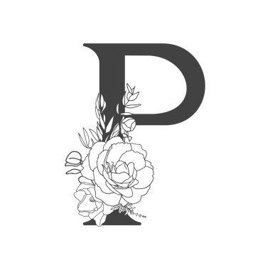 Vektör çiçek alfabesi. Çiçek tasarımı, P harfi. Düğün davetiyeleri, kartvizitler, çiçekçilerin kartvizitleri. Bir çizgi biçiminde büyük narin çiçekler