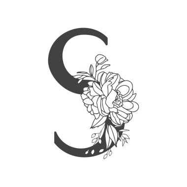 Vektör çiçek alfabesi. S harfinin çiçek tasarımı. Düğün davetiyeleri, kartvizitler, çiçekçilerin kartvizitleri. Bir çizgi biçiminde büyük narin çiçekler