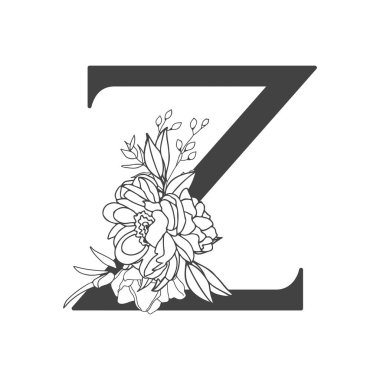 Vektör çiçek alfabesi. Z harfinin çiçekli tasarımı düğün davetiyeleri, kartvizitler, çiçekçilerin kartvizitleri. Bir çizgi biçiminde büyük narin çiçekler