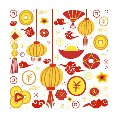 Vektör konsepti Çin yeni yılı ve kırmızı Çin zarfı. El fenerleri, bulutlar, madeni paralar ve diğer geleneksel elementler. Çin festivali illüstrasyonu.