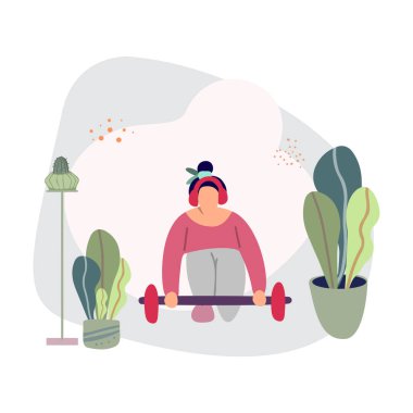 El çizimi vektör çizimi, ev sporları eğitimi konsepti ve spor salonu. Spor ve koçluk çevrimiçi. Çevrimiçi spor maratonu eğitimi. Kız spor için eve gidiyor..