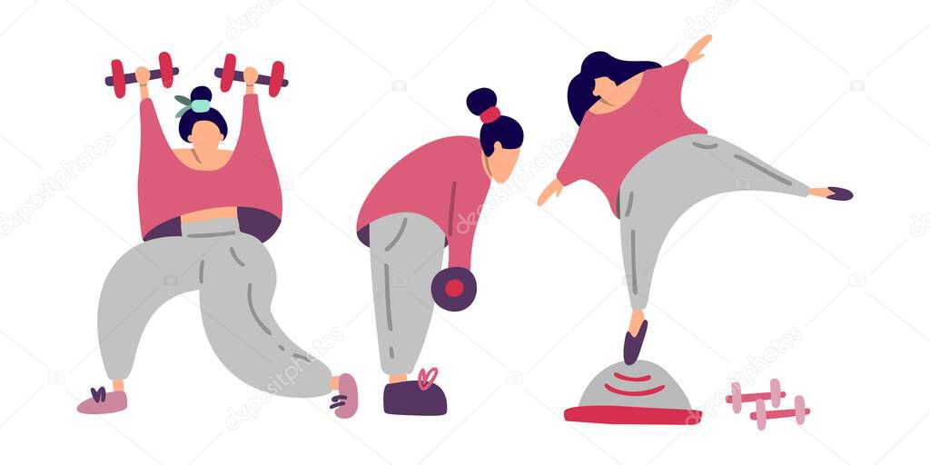 Hand drawn vector illustration, concept of home sports training and home gym. Sport and coach online. Sports marathon online training. The girl goes in for sports at home.