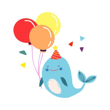 Elle çizilmiş komik bir vektör çizimi. Balonlu mavi balina. Doğum günü kutlaması kavramı. Kartlar, afişler, posterler, tekstil tasarımları.