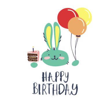 Komik, şirin vektör çizimi. Tavşan balon ve kek tutuyor. Doğum günü kutlaması kavramı. Doğum günü mektupların kutlu olsun. Kartlar, afişler, posterler, tekstil tasarımları.