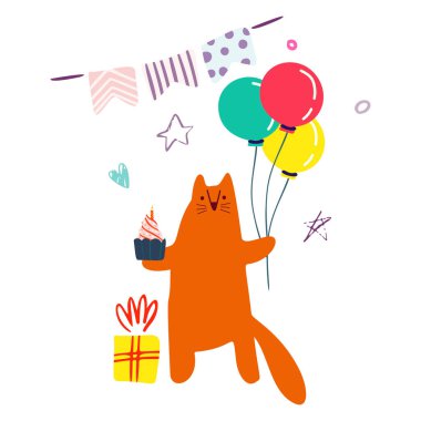 Komik şirin vektör çizimi. Kırmızı bir kedi balonlarla, hediyelerle ve kapkeklerle ayakta duruyor. Doğum günü kutlaması kavramı. Şenlik havası. Kartlar, afişler, posterler, tekstil tasarımları.