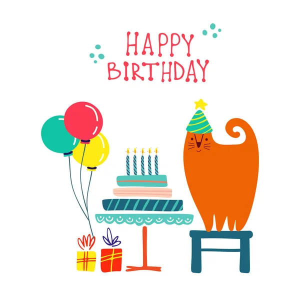 Funny Cute Vector Illustration Red Cat Stands Huge Cake Gifts — Stock Vector