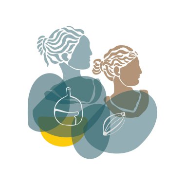 Vektör soyut şekiller elle çizilmiş. Antik heykel kafası. Çağdaş minimalist sanat, doğrusal sanat unsurları, şık moda renkleri. Tekstil tasarımı, tişörtler için baskı, kartvizitler, ruh hali tahtaları ve takvimler