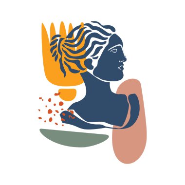 Vektör soyut şekiller elle çizilmiş. Antik heykel kafası. Çağdaş minimalist sanat, doğrusal sanat unsurları, şık moda renkleri. Tekstil tasarımı, tişörtler için baskı, kartvizitler, ruh hali tahtaları ve takvimler