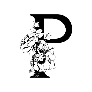 Vektör çiçek alfabesi. Çiçek tasarımı, P harfi. Düğün davetiyeleri, kartvizitler, çiçekçilerin kartvizitleri. Bir çizgi biçiminde büyük narin çiçekler