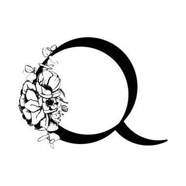 Vektör çiçek alfabesi. Çiçek tasarımı Q. Düğün davetiyeleri, kartvizitler, çiçekçilerin kartvizitleri. Bir çizgi biçiminde büyük narin çiçekler