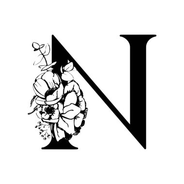 Vektör çiçek alfabesi. Çiçek tasarımı, N. düğün davetiyeleri, kartvizitler, çiçekçilerin kartvizitleri. Bir çizgi biçiminde büyük narin çiçekler