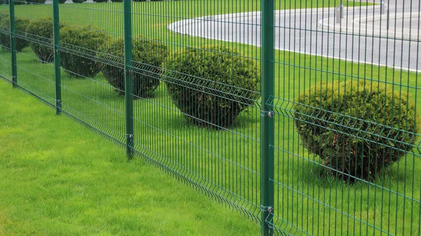 Saubere Zäune Und Büsche Auf Dem Parkgelände Der Stadt Stockbild