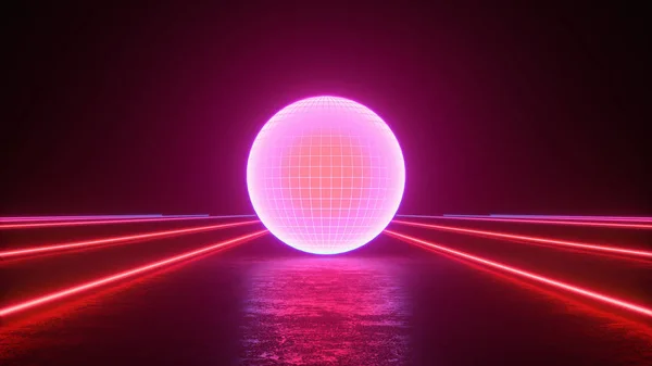 Glowing red neon sphere with white grid lines on dark with reflections on ground, lights, abstract vintage retro background, ultraviolet, spectrum vibrant colors, laser show. 3d render illustration