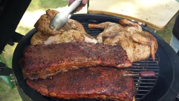 Χοιρινό και κοτόπουλο ψήσιμο κρέας σε υπαίθρια ψησταριά — Αρχείο Βίντεο