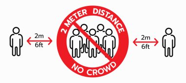 Kalabalık işareti yok, 2 metre mesafeyi koru, sosyal uzaklık kavramı. Covid-19 'dan koruma. Duvar uyarı levhası, halka açık yerlerde kalabalığı yasaklayan, riskleri azaltan çıkartma.