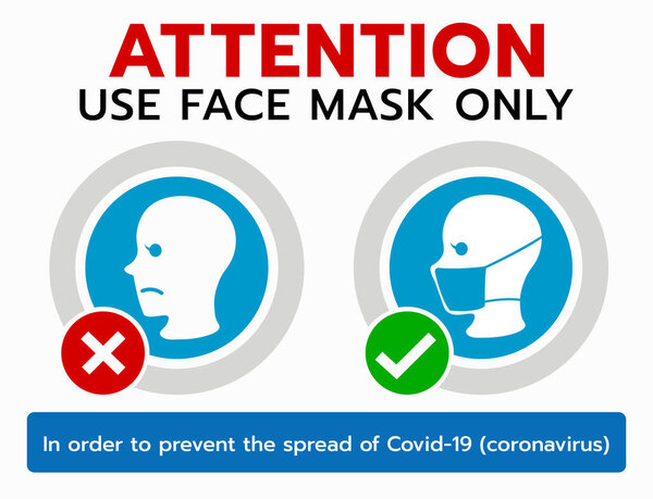 Знак внимания, пожалуйста, носить маску избежать ковид-19 вирус, предупреждение или предупреждение сигнализации векторной иллюстрации.
