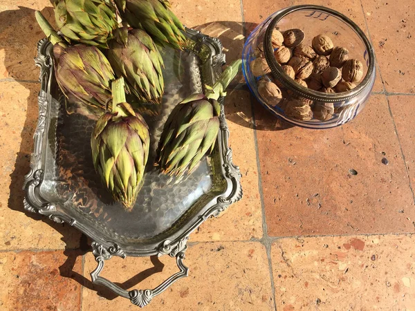 Antique Tray Artichokes Walnuts Glass Bowl — Stock Photo, Image