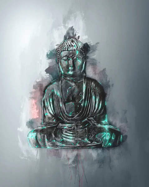 Buddha Digital Painting With Abstract Glowing Lights — Stock Photo, Image