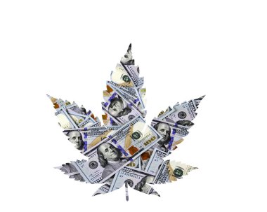 Marihuana Yaprağı dijital illüstrasyonu şeklinde yüz dolarlık banknotlar.