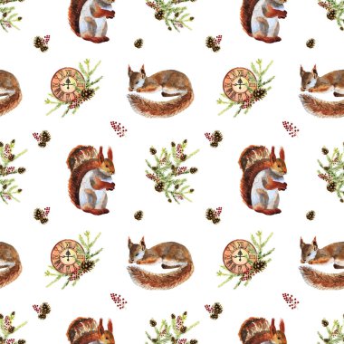 Beyaz arka planda sincaplar ve köknar dallarıyla suluboya desenleri