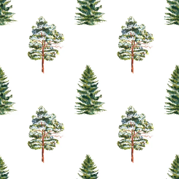 Acquerello modello senza soluzione di continuità con alberi forestali isolati su uno sfondo bianco — Foto Stock