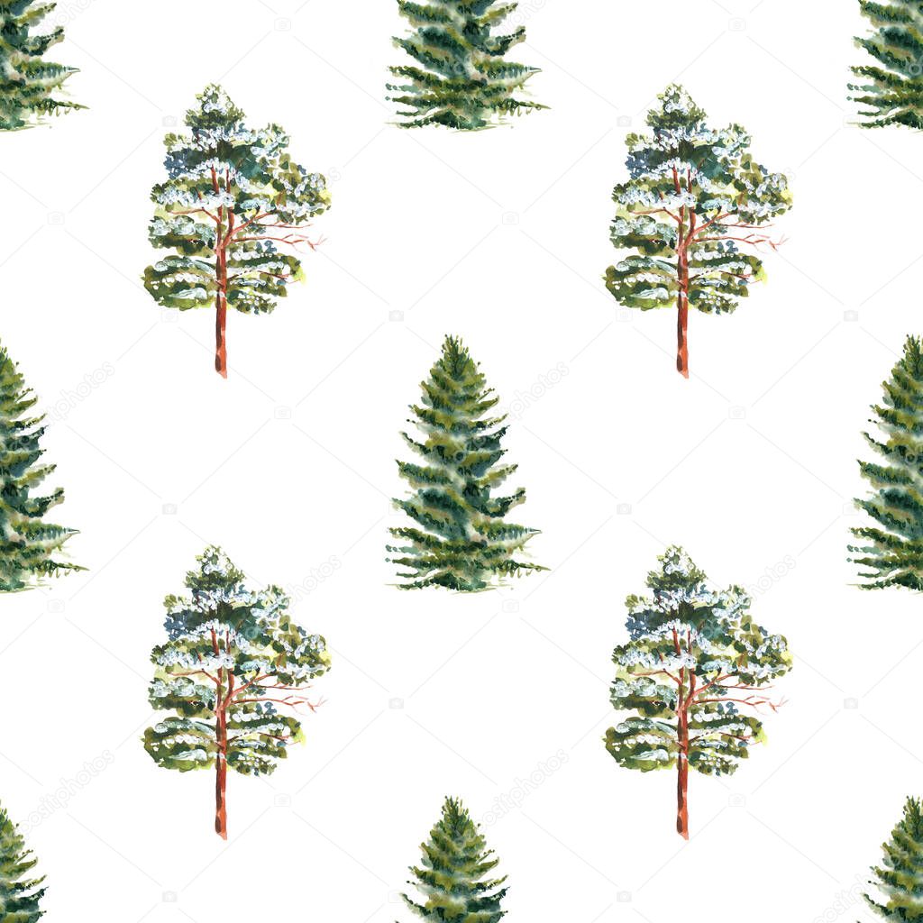 Watercolor seamless pattern with forest trees isolated on a white background