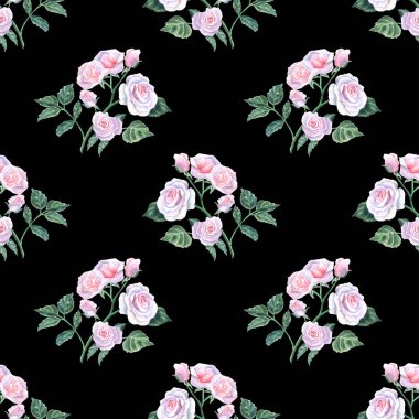 Siyah arka planda pembe narin güllerle sulu boya deseni