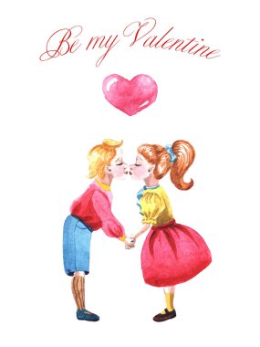 Tatlı suluboya öpüşen çift. Sevgililer Günü 'ne aşık çocuklar