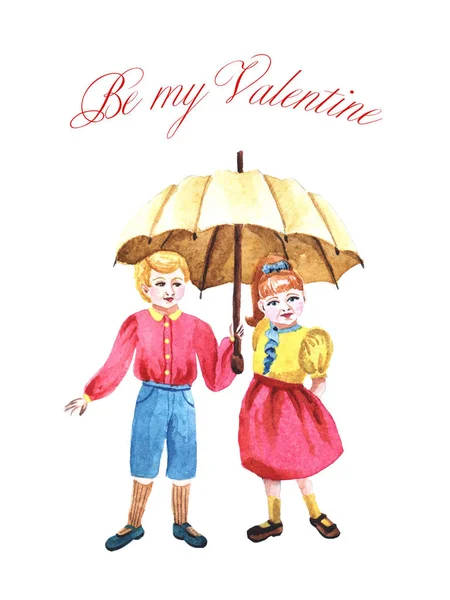 Watercolor sweet couplewith umbrella. Kids in love for Valentine's day — Stock Photo, Image