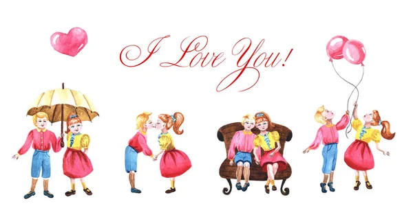 Watercolor collection of sweet couple in different poses. Kids in love for Valentine's day — 스톡 사진