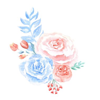 Watercolor gentle light-blue composition of flowers hand drawn on white background