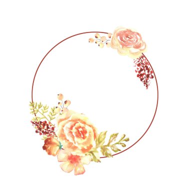 Beyaz arkaplanda izole edilmiş çiçeklerle suluboya zarif turuncu çerçeve