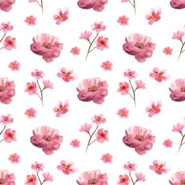Beyaz arka planda pembe kiraz renkli çiçekler çizilmiş suluboya deseni.