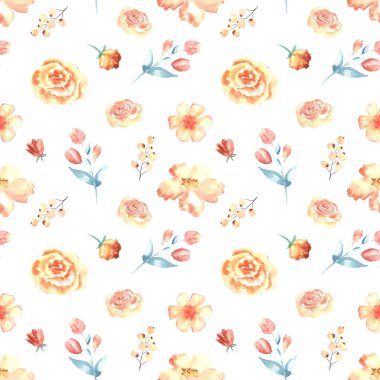 Turuncu çiçekli suluboya desen beyaz arkaplana çizilmiş el.