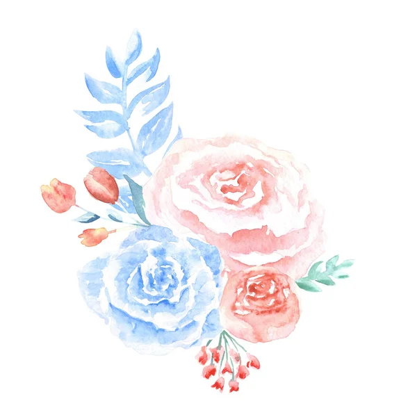 Watercolor gentle light-blue composition of flowers hand drawn on white background — Stock fotografie