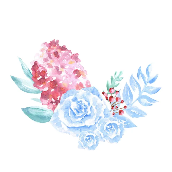 Watercolor gentle light-blue composition of flowers hand drawn on white background — ストック写真