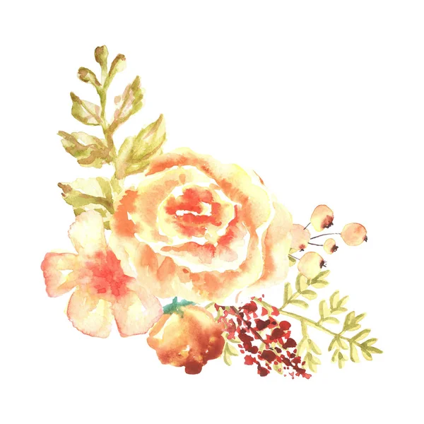 Watercolor gentle orange composition of flowers hand drawn on white background — Foto de Stock