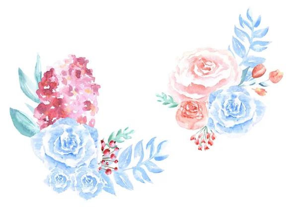 Aquarell hellblau sanfte Kompositionen von Blumen von Hand auf weißem Hintergrund gezeichnet — Stockfoto