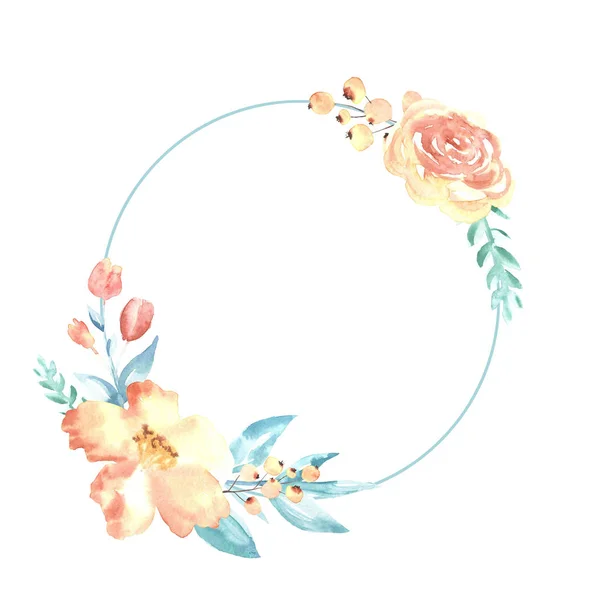 Aquarell eleganter Kreis blauer Rahmen mit Blumen isoliert auf weißem Hintergrund — Stockfoto