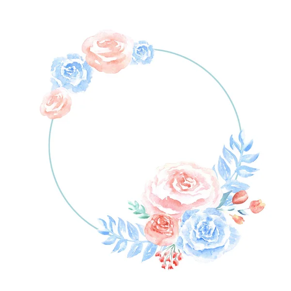 Watercolor elegant circle blue frame with flowers isolated on white background