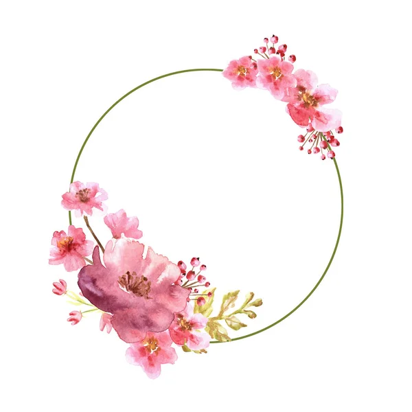 水彩艳丽的圆形粉红相框，花朵与白色背景隔离 — 图库照片