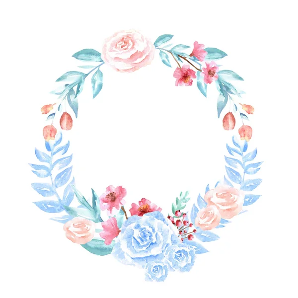 Watercolor elegant circle blue frame with flowers isolated on white background — 스톡 사진