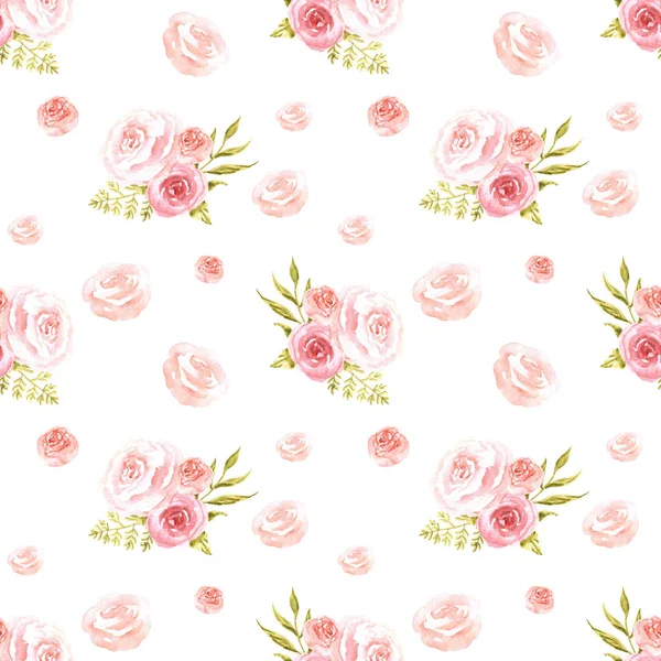 Aquarel zacht patroon met roze rozen hand getekend op witte achtergrond — Stockfoto