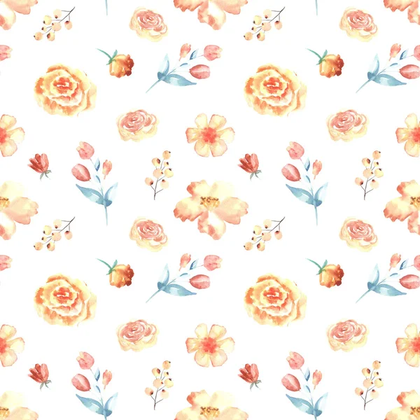 Watercolor gentle pattern with orange flowers hand drawn on white background — 스톡 사진