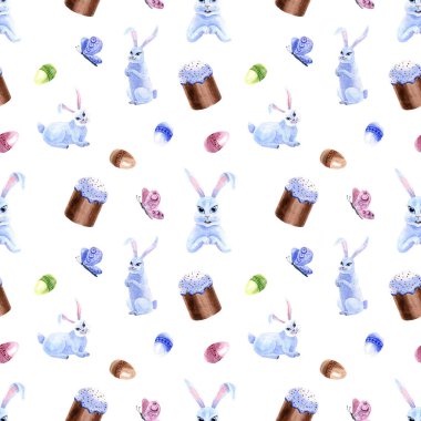 Beyaz arka planda paskalya pastaları, paskalya pastaları ve yumurtaları olan suluboya bahar paskalya desenleri