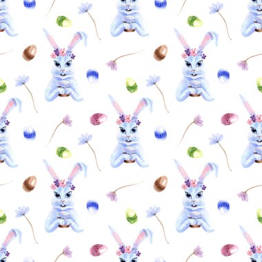 Suluboya bahar, paskalya, beyaz arka planda izole edilmiş tavşan, çiçek ve yumurta desenli.