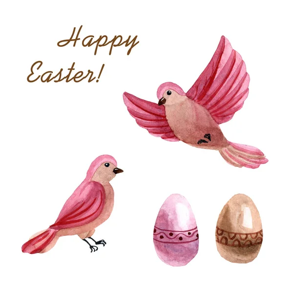 Watercolor cute pink birds with Easter eggs isolated on a white background