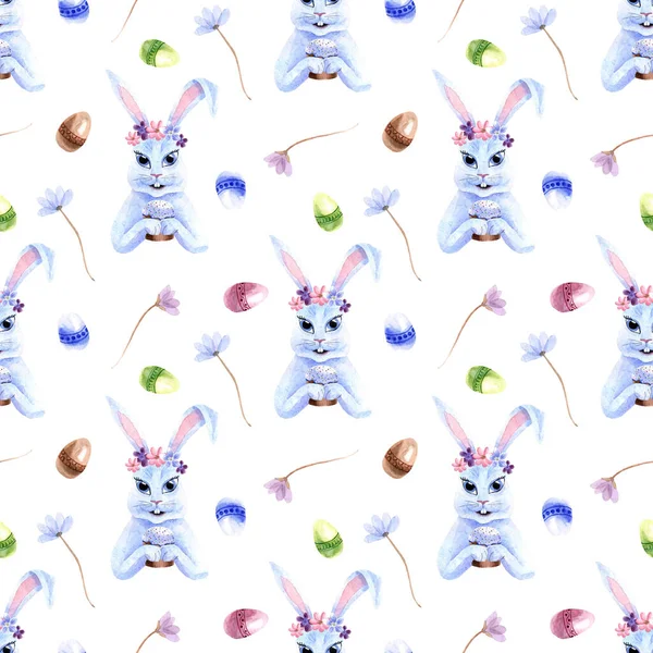 Акварельна Весна Великдень Безшовний Візерунок Кроликом Квітами Яйцями Ізольовані Білому — стокове фото